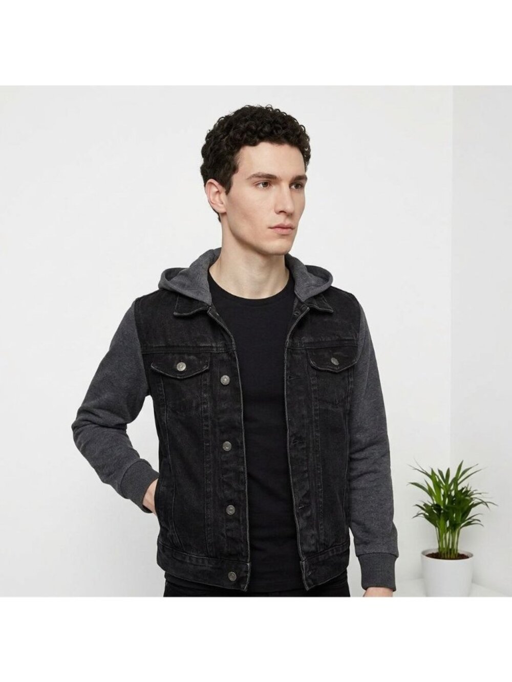 Ring Of Fire Black Denim Jacket With Gray Hooded Sleeves Youth S